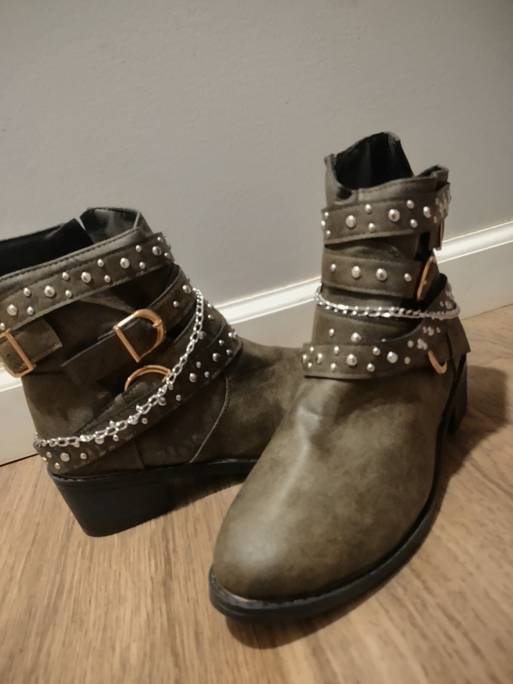 Studded Chain Strap Olive Ankle Boots - Women's